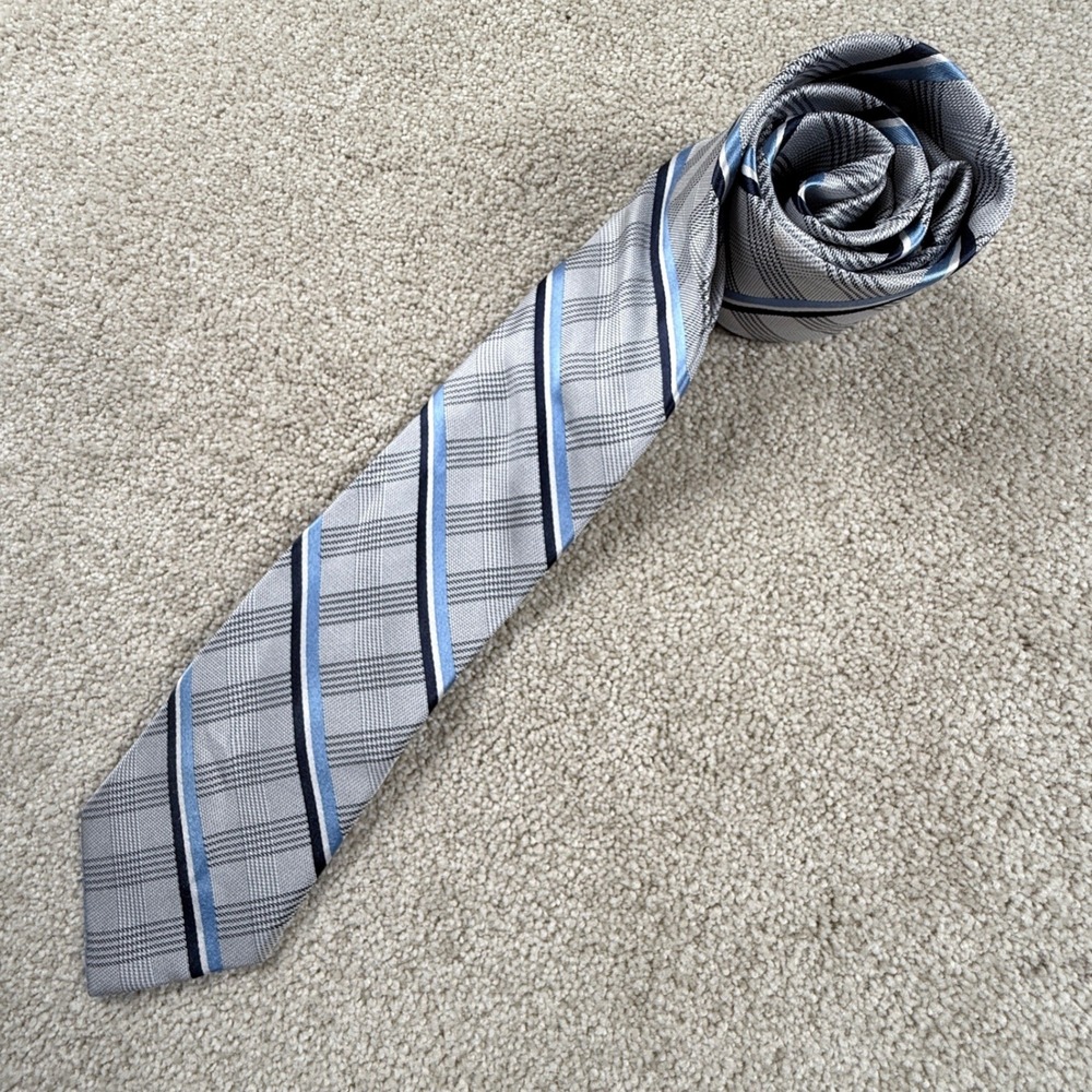 Bruno Piattelli Necktie Mens OS Grey Blue Excellent Silk Plaid Striped Slim